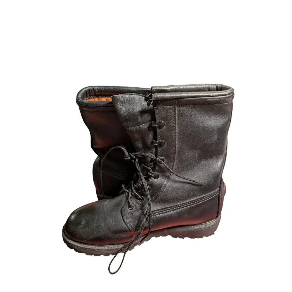 Mens Black Leather Military Combat Boots Vibram Lug Sole Lace Up Size 8.5 R